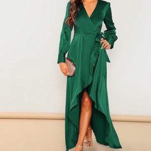 Green satin wrap dress